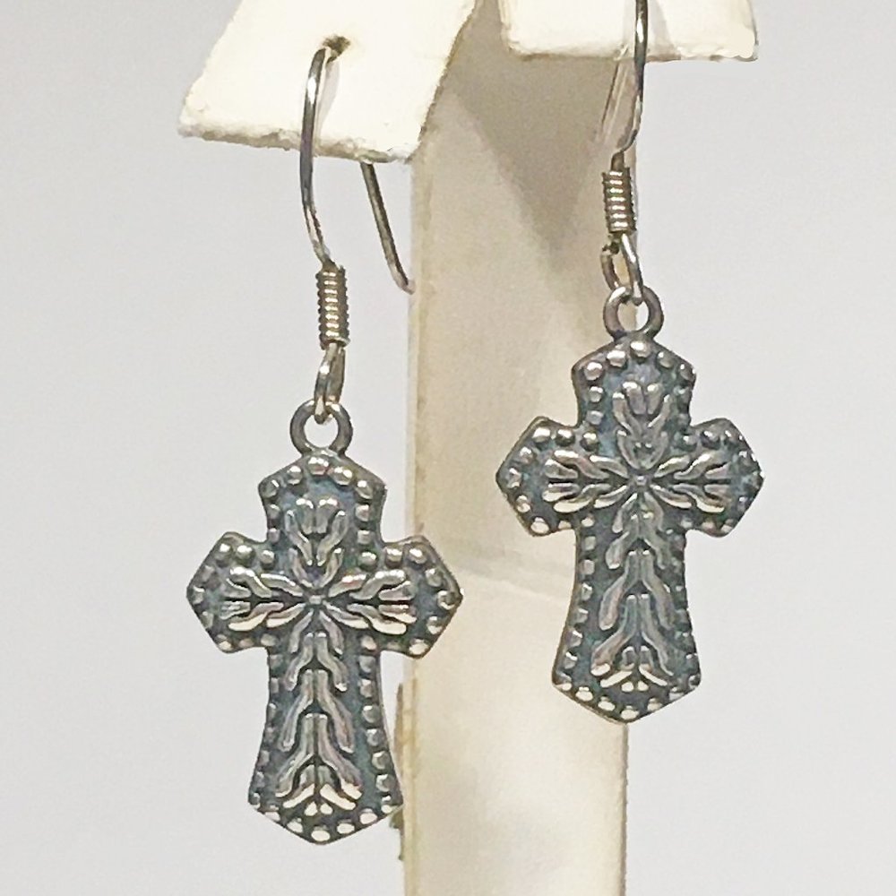 GENUINE STERLING SILVER TEXTURED CROSS STYLE DANGLE EARRINGS 1-1/2"